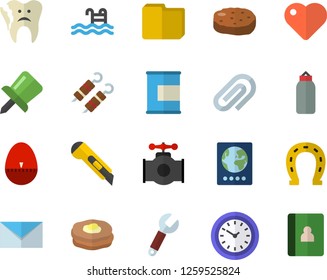 Color Flat Icon Set Stationery Knife Flat Vector, Kitchen Egg Timer, Shashlik, Cutlet, Pancakes, Horseshoe, Main Pipeline, Wrench, Clock, Heart, Broken Tooth, Clip, Drawing Pin, Computer File, Mail