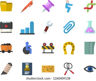 Color flat icon set stationery knife flat vector, barrier, meashuring cup, cheese, horseshoe, wrench, mining, chart, disabled, DNA, clip, drawing pin, computer file, badge, stamp, pen, flask, squats