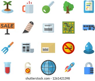 Color flat icon set stationery knife flat vector, tea, tree, pitchfork, drop, rocket, earth, graphic report, sell out, barcode, blood test, document, electronic circuit, bus fector, island, key