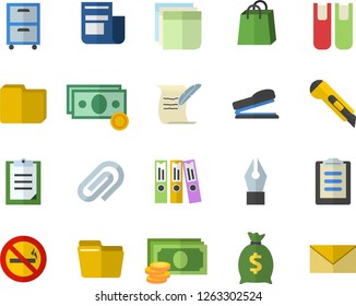Color flat icon set stationery knife flat vector, cash, wealth, bags, news, clipboard, clip, computer file, ink pen, sticker, folder, archive, book, stapler, hostory roll, no smoking fector