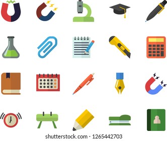 Color flat icon set stationery knife flat vector, chemistry, magnet, calendar, microscope, clip, ink pen, pencil, stapler, notepad, bachelor cap, textbook, calculator, sports equipment horse