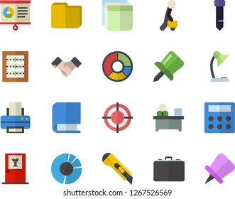 Color flat icon set stationery knife flat vector, case, drawing pin, chart, clircle diagram, computer file, abacus, calculator, sticker, reading lamp, office worker, target, printer, tie, agreement