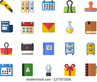 Color flat icon set stationery knife flat vector, chemistry, calendar, news, present, ink pen, archive, stamp, mail, textbook, folders for papers, binder clip, notebook