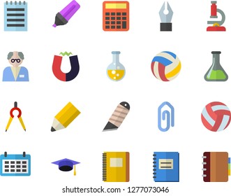 Color flat icon set stationery knife flat vector, chemistry, dividers, marker, calendar, notebook, ink pen, pencil, microscope, notepad, bachelor cap, magnet, scientist, calculator, volleyball, clip