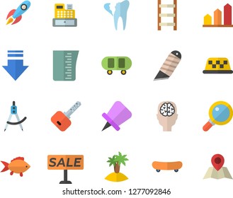 Color flat icon set stationery knife flat vector, meashuring cup, fish, ladder, dividers, rocket, sell out, cash machine, broken tooth, brain fector, skateboard, achievement chart, island, taxi, key