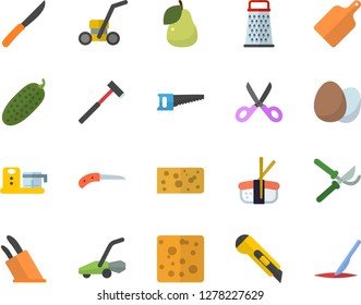 Color flat icon set stationery knife flat vector, ax, knives, scissors, cutting board, food processor, egg, grater, cheese, cucumber, sashimi, pear, saw, secateurs, lawn mower, scalpel