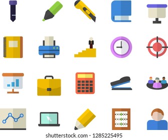 Color flat icon set stationery knife flat vector, case, marker, flipchart, chart, clock, abacus, point diagram, target, printer, tie, pencil, laptop, career ladder, book, stapler, notebook, user
