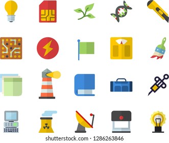 Color flat icon set stationery knife flat vector, paint brush, tree leaf, lamp, satellite antenna, SIM card, lighthouse, flag, syringe, sticker, book, computer, nuclear power plant, lightning, dna