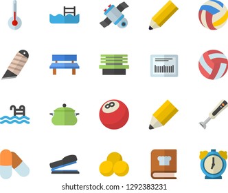 Color flat icon set stationery knife flat vector, saucepan, cookbook, blender, temperature, bench, barcode, pencil, stapler, satellit, bowling ball, volleyball, pills, pool, alarm clock