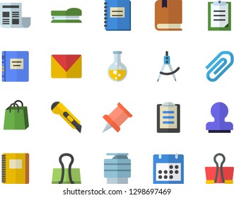 Color flat icon set stationery knife flat vector, chemistry, dividers, bags, clipboard, calendar, notebook, clip, document, copy machine, stamp, stapler, mail, textbook, pushpin, binder