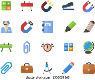 Color flat icon set stationery knife flat vector, magnet, dividers, marker, calculator, briefcase, clip, pencil, stapler, notebook, scientist, sports equipment horse, alarm clock, globe