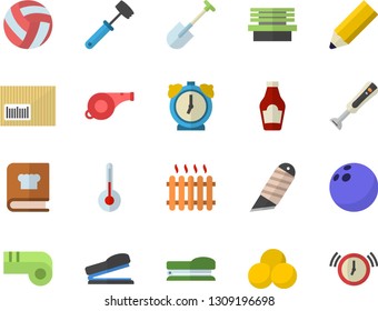 Color flat icon set stationery knife flat vector, meat hammer, cookbook, blender, temperature, ketchup, shovel, bench, radiator, barcode, stapler, pencil, whistle, bowling ball, volleyball, pills