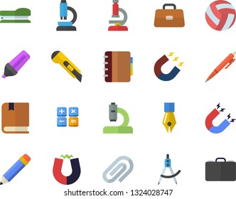 Color flat icon set stationery knife flat vector, magnet, dividers, marker, calculator, microscope, briefcase, clip, ink pen, stapler, pencil, textbook, volleyball, notebook, case