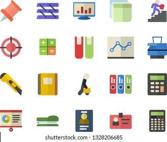 Color flat icon set stationery knife flat vector, calculator, chart, computer, badge, sticker, folder, point diagram, target, paper tray, copy machine, businessman, career ladder, book, stapler