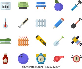 Color flat icon set stationery knife flat vector, meat hammer, blender, temperature, ketchup, plum, shovel, bench, radiator, barcode, pencil, stapler, satellit, whistle, bowling ball, alarm clock