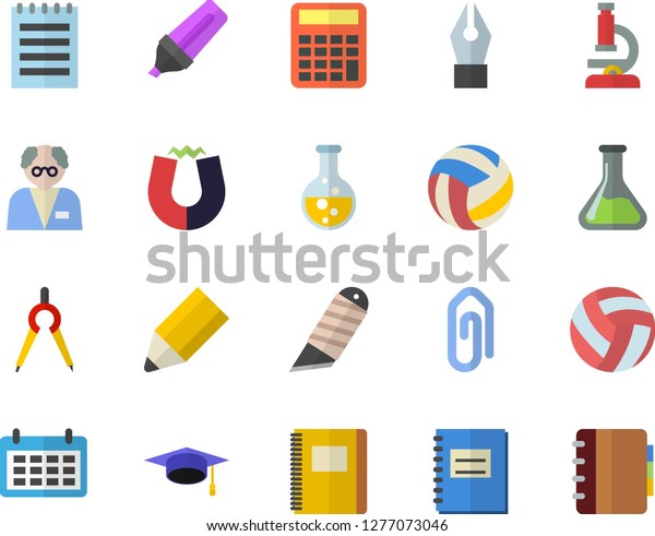 Color flat icon set stationery knife flat vector,
chemistry, dividers, marker, calendar, notebook, ink pen, pencil,
microscope, notepad, bachelor cap, magnet, scientist, calculator,
volleyball, clip