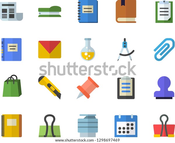 Color\
flat icon set stationery knife flat vector, chemistry, dividers,\
bags, clipboard, calendar, notebook, clip, document, copy machine,\
stamp, stapler, mail, textbook, pushpin,\
binder