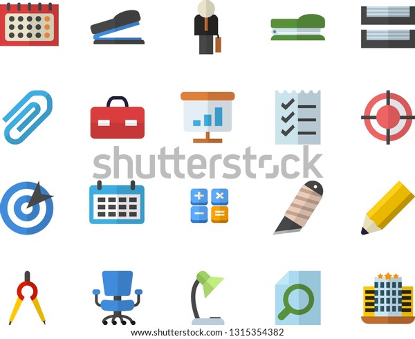 Color flat icon set stationery knife flat vector,
dividers, calendar, calculator, briefcase, clip, chart, magnifier,
office chair, reading lamp, to do list, target, paper tray,
businessman, stapler