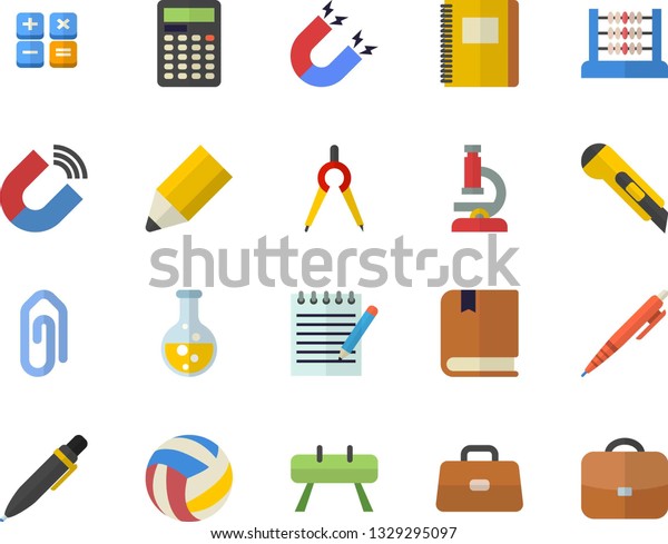 Color flat icon set stationery knife flat vector,\
chemistry, magnet, dividers, calculator, briefcase, abacus, pencil,\
pen, microscope, notepad, textbook, notebook, volleyball, sports\
equipment horse