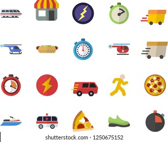 Color flat icon set stopwatch flat vector, hot dog, pizza, store front, trucking, express delivery, ambulance, helicopter, lightning, sneakers, run, train fector, water scooter