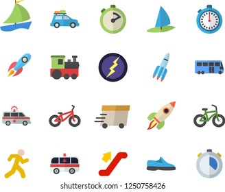Color flat icon set stopwatch flat vector, rocket, express delivery, sailboat, ambulance, lightning, sneakers, bicycle, run, train fector, car, bus, escalator, windsurfing