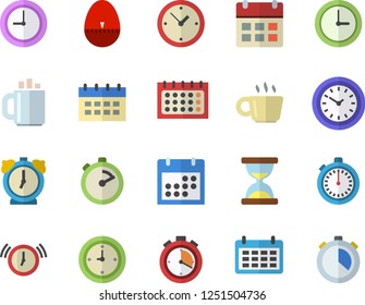 Color flat icon set stopwatch flat vector, kitchen egg timer, calendar, clock, coffee, hourglass, alarm