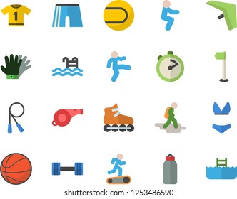 Color flat icon set stopwatch flat vector, gloves, dumbbell, whistle, basketball, skipping rope, sports pear, athletic shorts, flag, tennis ball, swimsuit, sport T shirt, roller Skates, Treadmill
