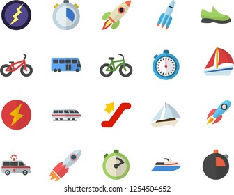 Color flat icon set stopwatch flat vector, rocket, sailboat, ambulance, lightning, sneakers, bicycle, train fector, bus, escalator, water scooter