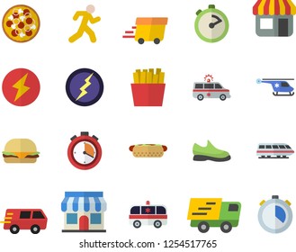 Color flat icon set stopwatch flat vector, hamburger, hot dog, pizza, French fries, store front, trucking, express delivery, ambulance, helicopter, lightning, sneakers, run, train fector