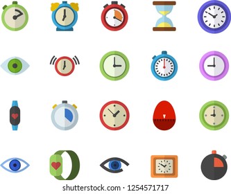 Color flat icon set stopwatch flat vector, kitchen egg timer, clock, eye, fitness bracelet, hourglass, alarm