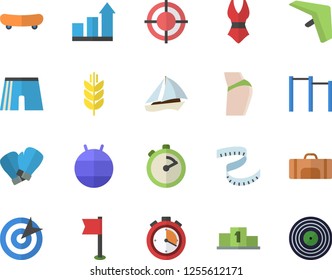 Color flat icon set stopwatch flat vector, target, pedestal, skateboard, achievement chart, centimeter, buttocks, parallel bars, athletic shorts, sports flag, fitball, boxing gloves, swimsuit