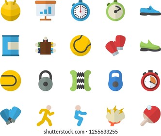 Color flat icon set stopwatch flat vector, chart, meeting, brainstorm, weight, sneakers, carpal expander, tennis ball, fitball, boxing gloves, squats, run, proteins, table