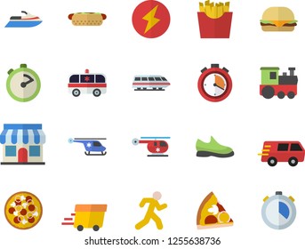 Color flat icon set stopwatch flat vector, hamburger, hot dog, pizza, French fries, store front, trucking, express delivery, ambulance, helicopter, lightning, sneakers, run, train fector