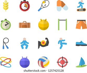 Color flat icon set stopwatch flat vector, target, sneakers, volleyball, muscles, skipping rope, parallel bars, athletic shorts, fitball, pills, Treadmill, gymnastics, hoop, sport bag, tennis fector