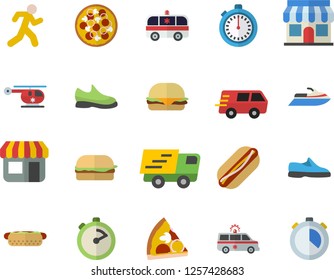 Color flat icon set stopwatch flat vector, hamburger, hot dog, pizza, store front, trucking, ambulance, helicopter, sneakers, run, water scooter fector