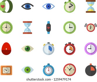 Color flat icon set stopwatch flat vector, kitchen egg timer, clock, eye, fitness bracelet, hourglass, alarm