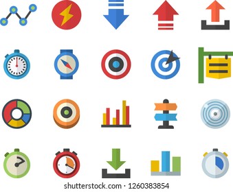 Color flat icon set stopwatch flat vector, signboard, scatter chart, statistic, clircle diagram, target, lightning, pointer fector, compass, download, upload
