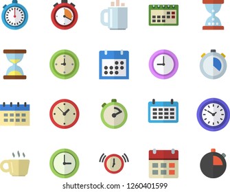 Color flat icon set stopwatch flat vector, calendar, clock, coffee, hourglass, alarm