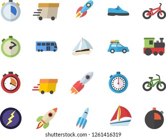 Color flat icon set stopwatch flat vector, rocket, express delivery, sailboat, lightning, sneakers, bicycle, train fector, car, bus