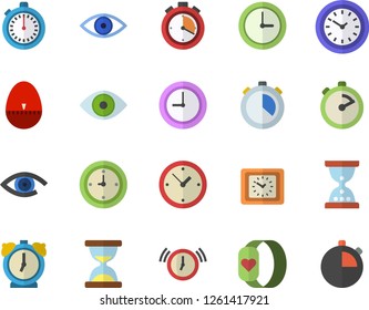 Color flat icon set stopwatch flat vector, kitchen egg timer, clock, eye, fitness bracelet, hourglass, alarm