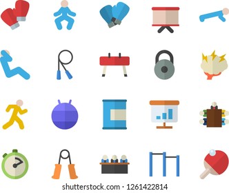 Color flat icon set stopwatch flat vector, flipchart, chart, meeting, brainstorm, weight, skipping rope, carpal expander, parallel bars, sports equipment horse, fitball, boxing gloves, gymnastics