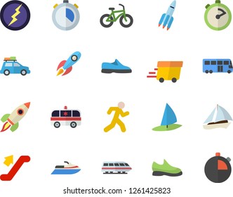 Color flat icon set stopwatch flat vector, rocket, express delivery, ambulance, lightning, sneakers, bicycle, run, train fector, car, bus, sailboat, escalator, water scooter, windsurfing