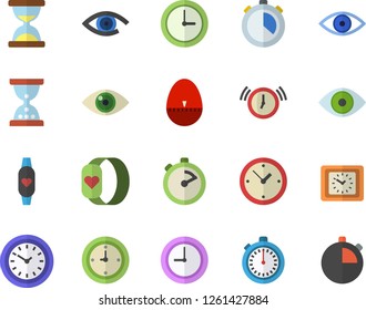 Color flat icon set stopwatch flat vector, kitchen egg timer, clock, eye, fitness bracelet, hourglass, alarm