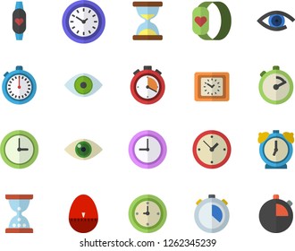 Color flat icon set stopwatch flat vector, kitchen egg timer, clock, eye, fitness bracelet, hourglass, alarm