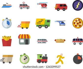 Color flat icon set stopwatch flat vector, hot dog, pizza, French fries, store front, trucking, express delivery, ambulance, helicopter, lightning, run, train fector, water scooter