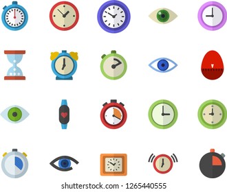 Color flat icon set stopwatch flat vector, kitchen egg timer, clock, eye, fitness bracelet, hourglass, alarm