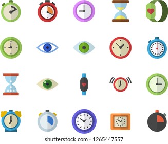 Color flat icon set stopwatch flat vector, clock, eye, fitness bracelet, hourglass, alarm