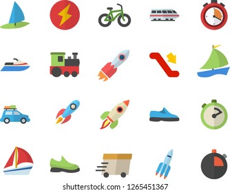 Color flat icon set stopwatch flat vector, rocket, express delivery, sailboat, lightning, sneakers, bicycle, train fector, car, escalator, water scooter, windsurfing