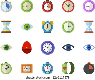 Color flat icon set stopwatch flat vector, kitchen egg timer, clock, eye, fitness bracelet, hourglass, alarm