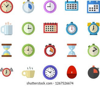 Color flat icon set stopwatch flat vector, kitchen egg timer, calendar, clock, coffee, hourglass, alarm